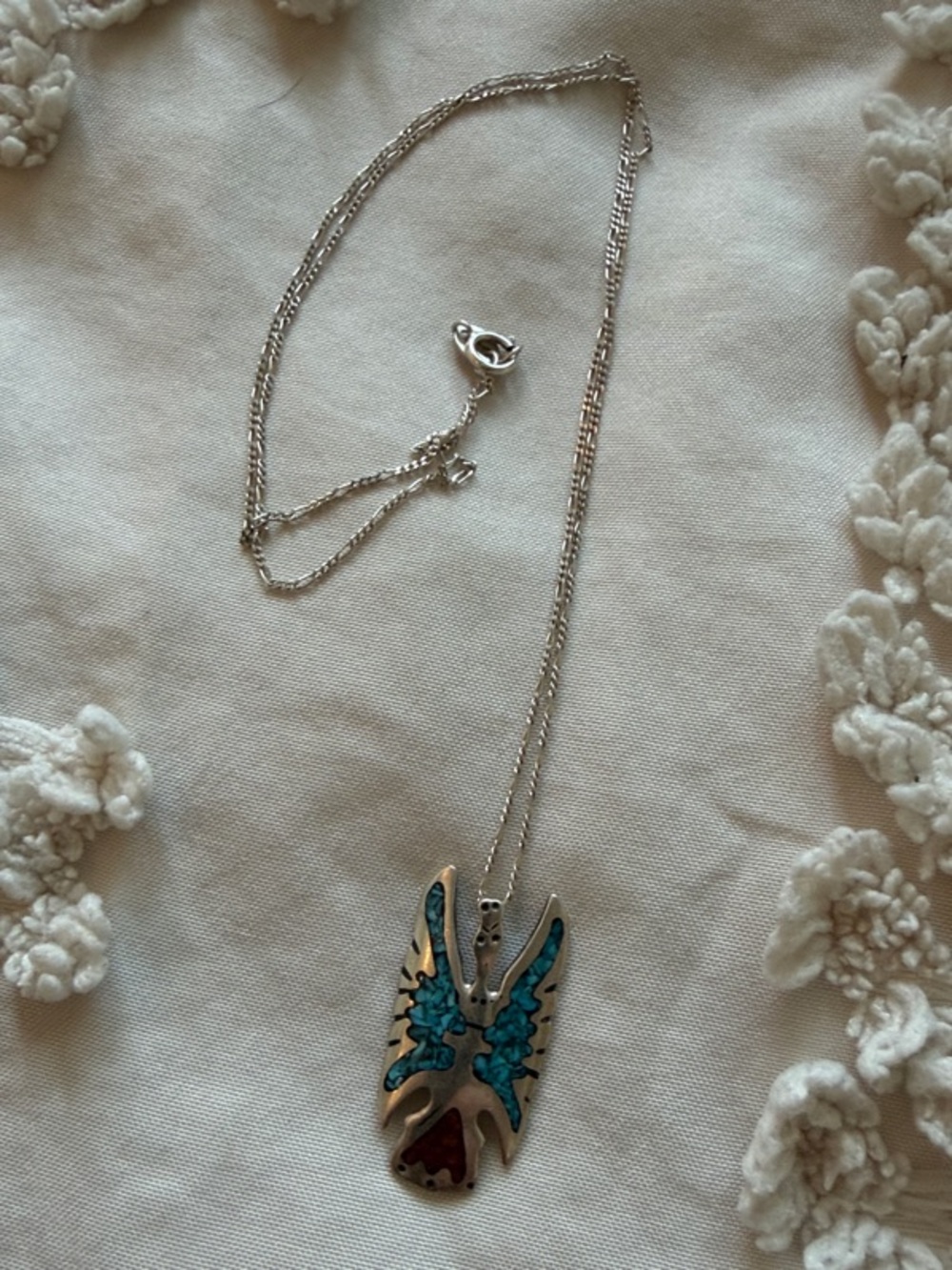 Sterling Silver Butterfly Wing Pendant Necklace - Turquoise & Red